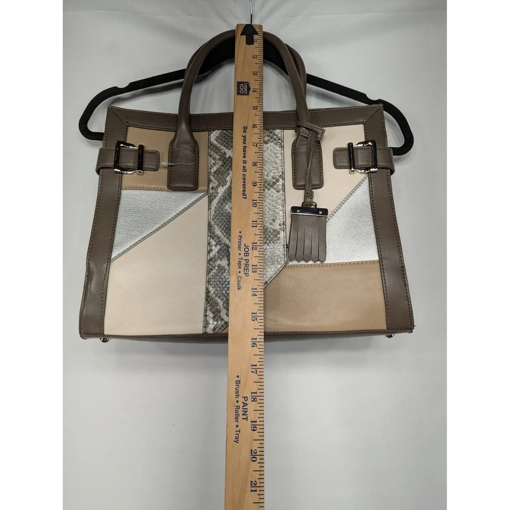 Nine‎ West Colorblock Snakeskin Trim Satchel Handbag Brown Beige Silver